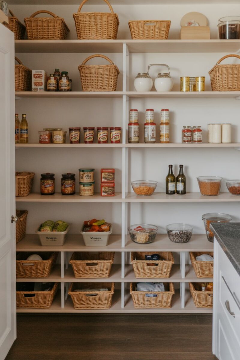 Organized pantry with various food items on wooden shelves.