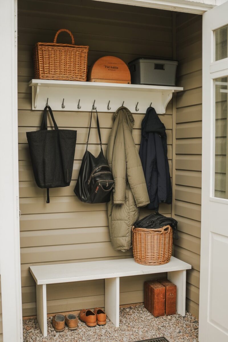 Organized shed entryway with hooks for bags and jackets, and a shelf above.