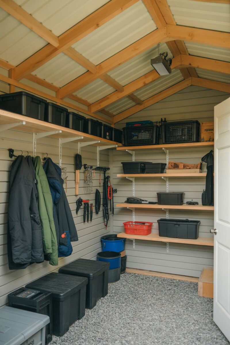 Organized shed with shelves and outdoor gear storage.