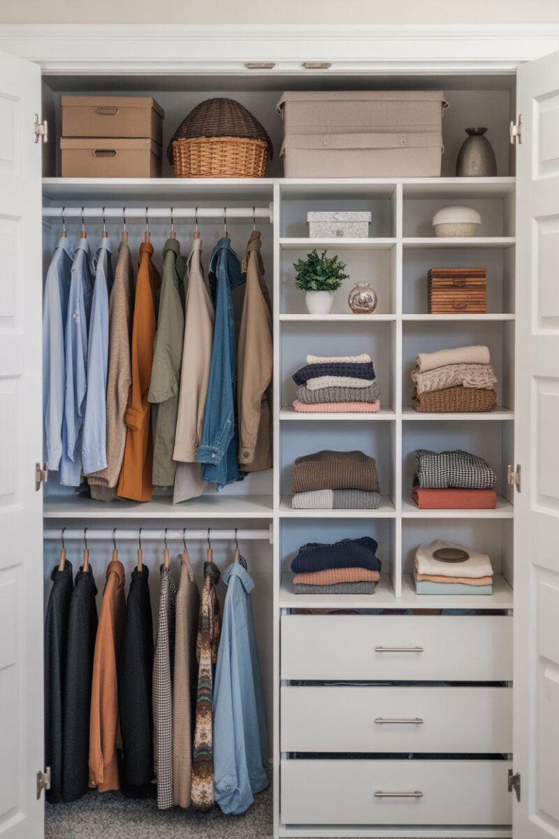 Organized small closet with seasonal clothing and neatly folded sweaters.