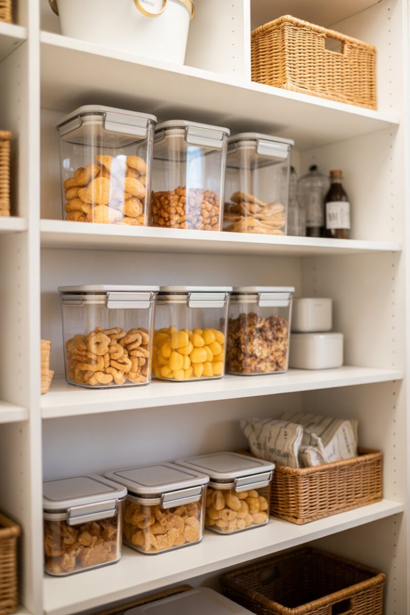 Organized snack station with clear containers in a pantry