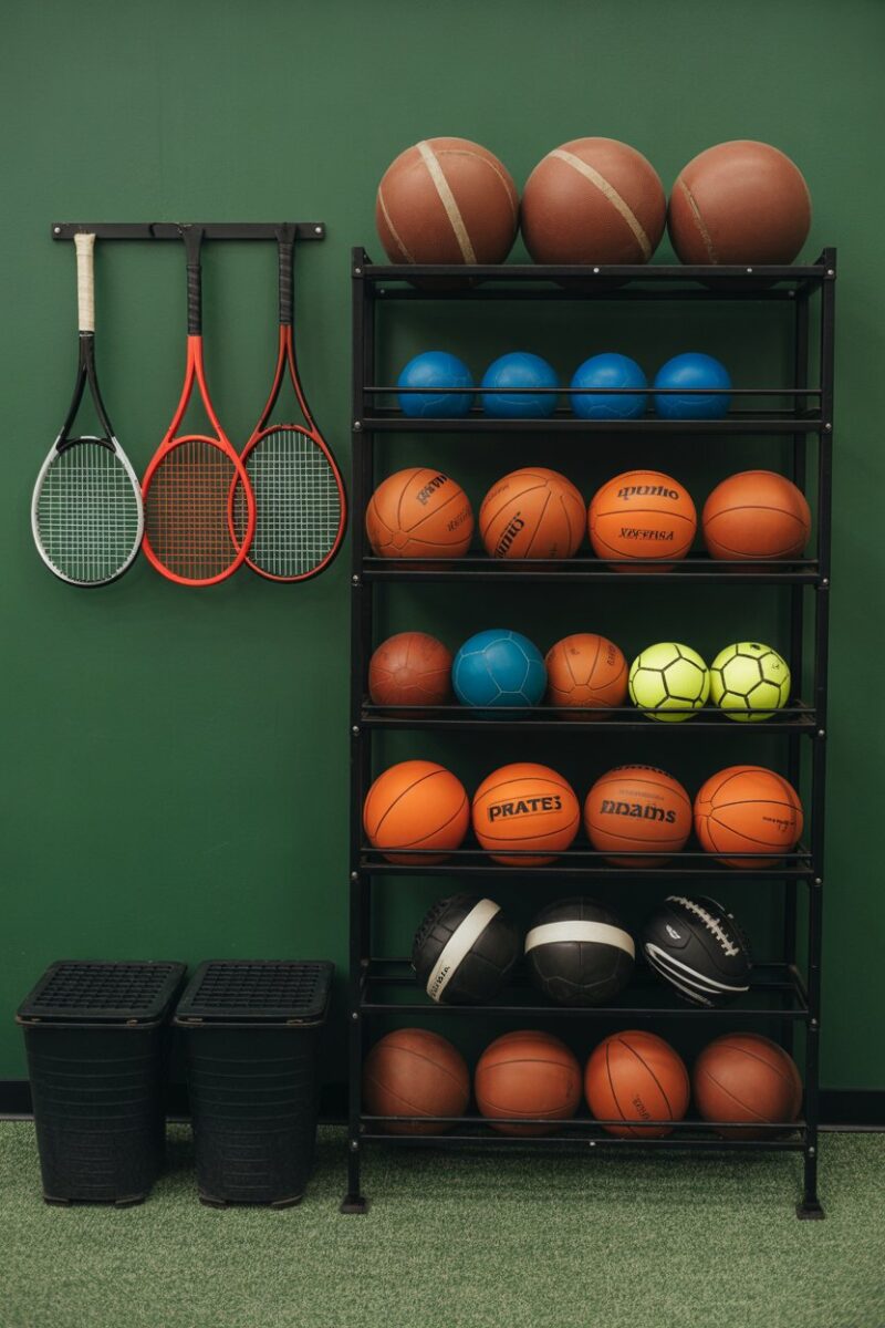 Organized sports equipment station with various sports balls and rackets on shelves.