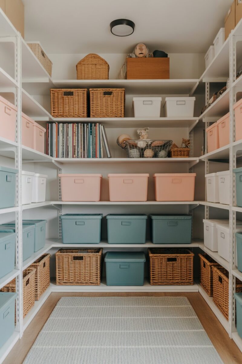 Organized storage room with shelves and colorful bins.