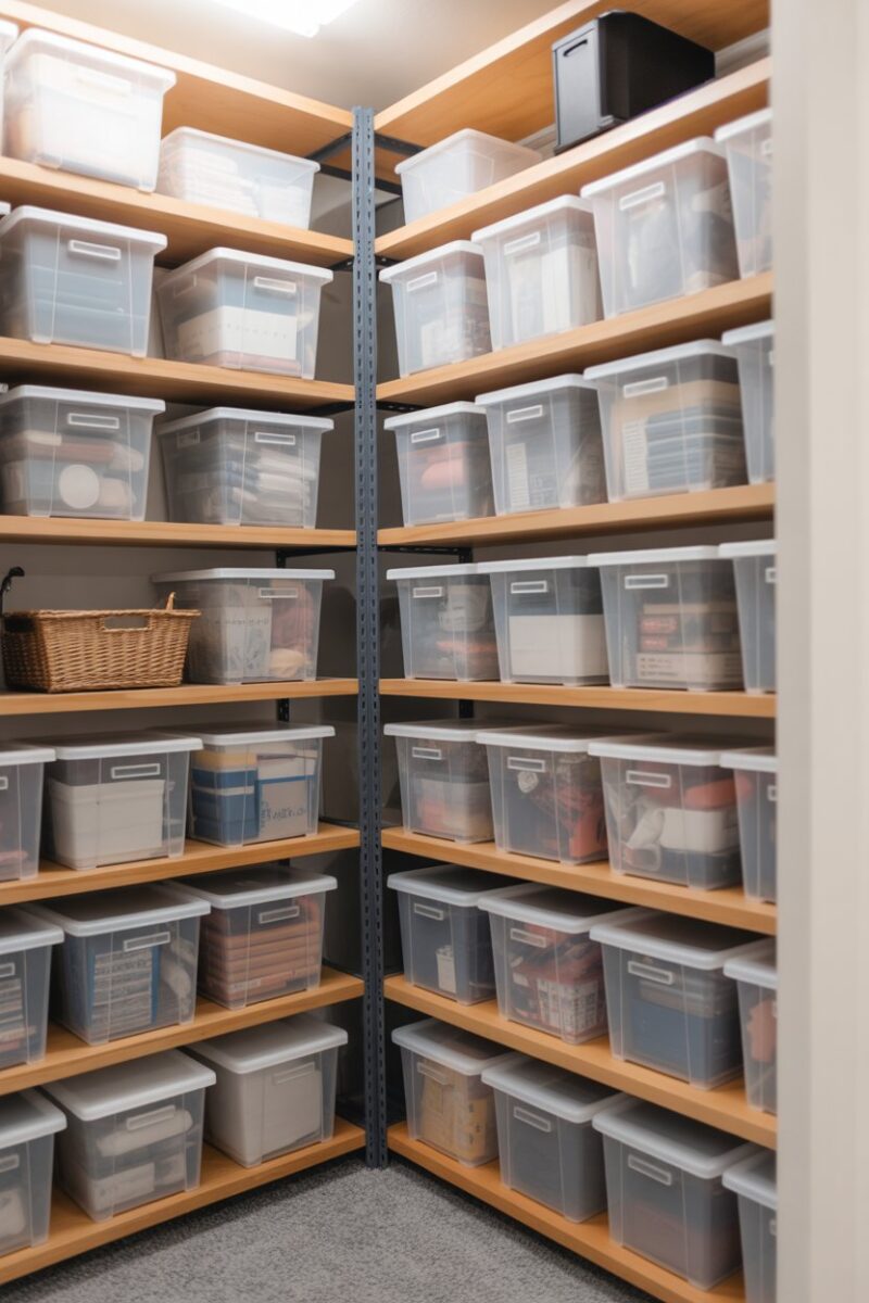 Organized storage room with tall shelves and clear bins