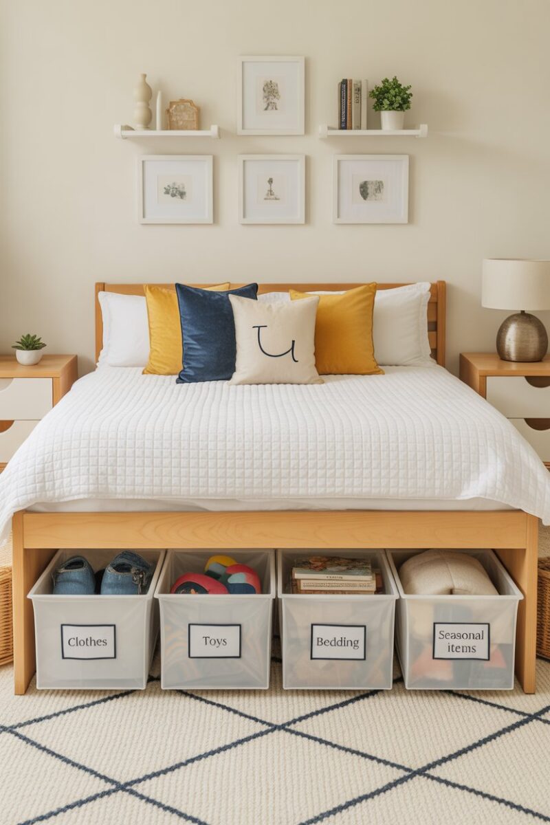 Organized under-bed storage with labeled bins for clothes, toys, books, bedding, and seasonal items.