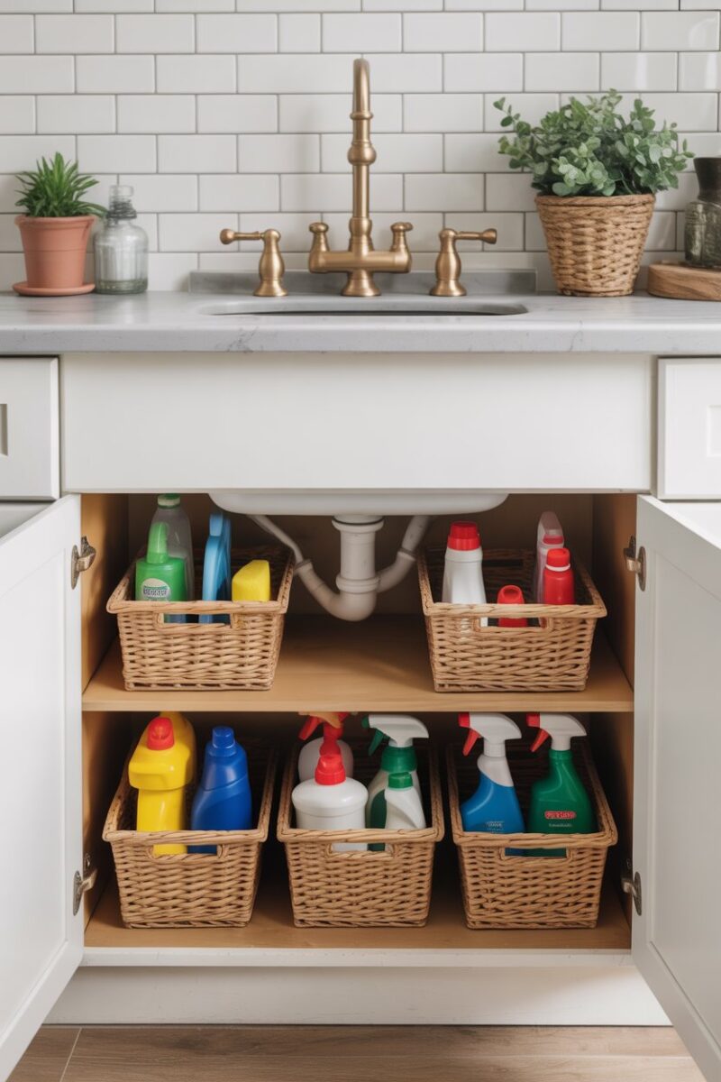 Organized under-sink cabinet with cleaning supplies in bins.