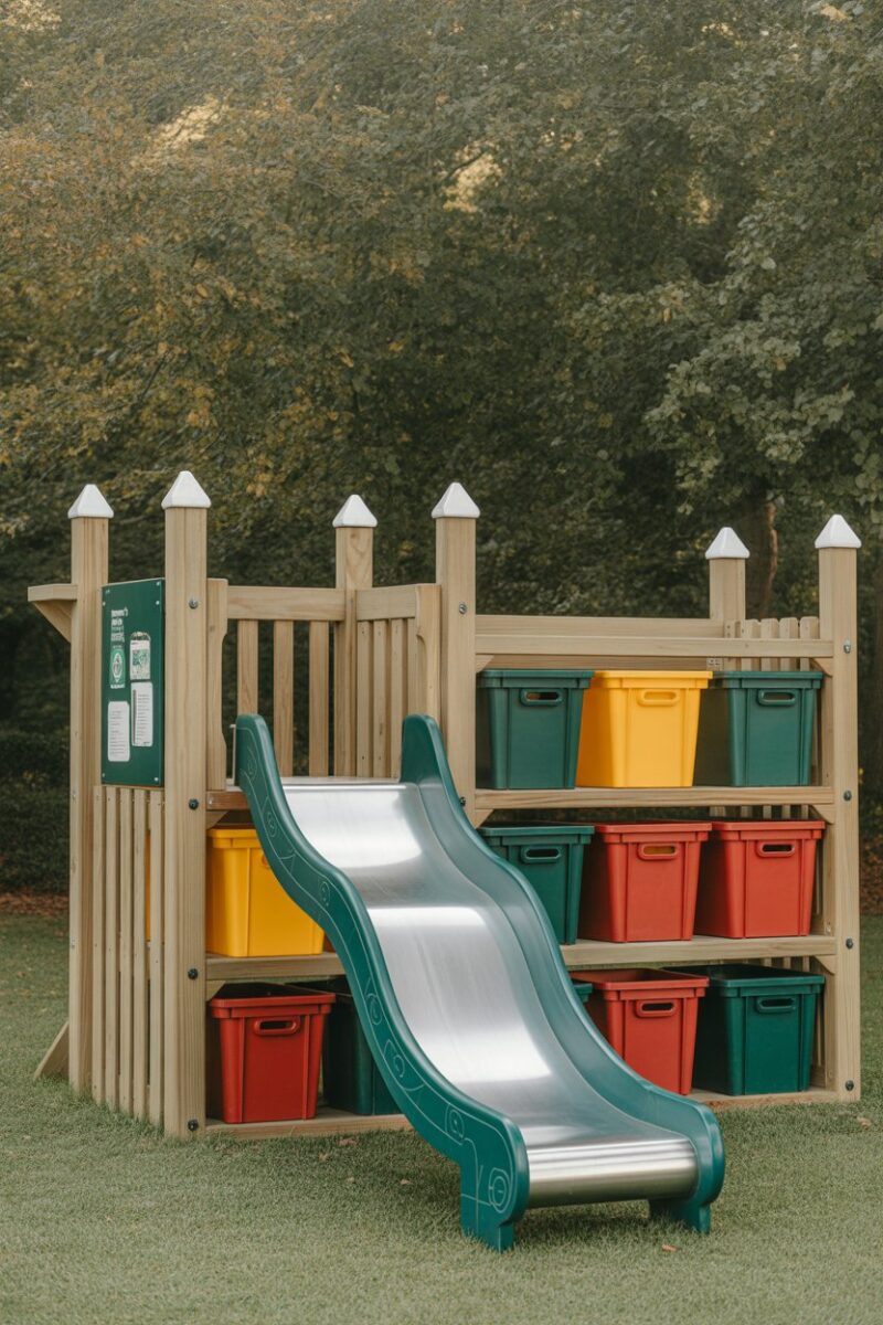 Outdoor play equipment storage with colorful bins and a slide