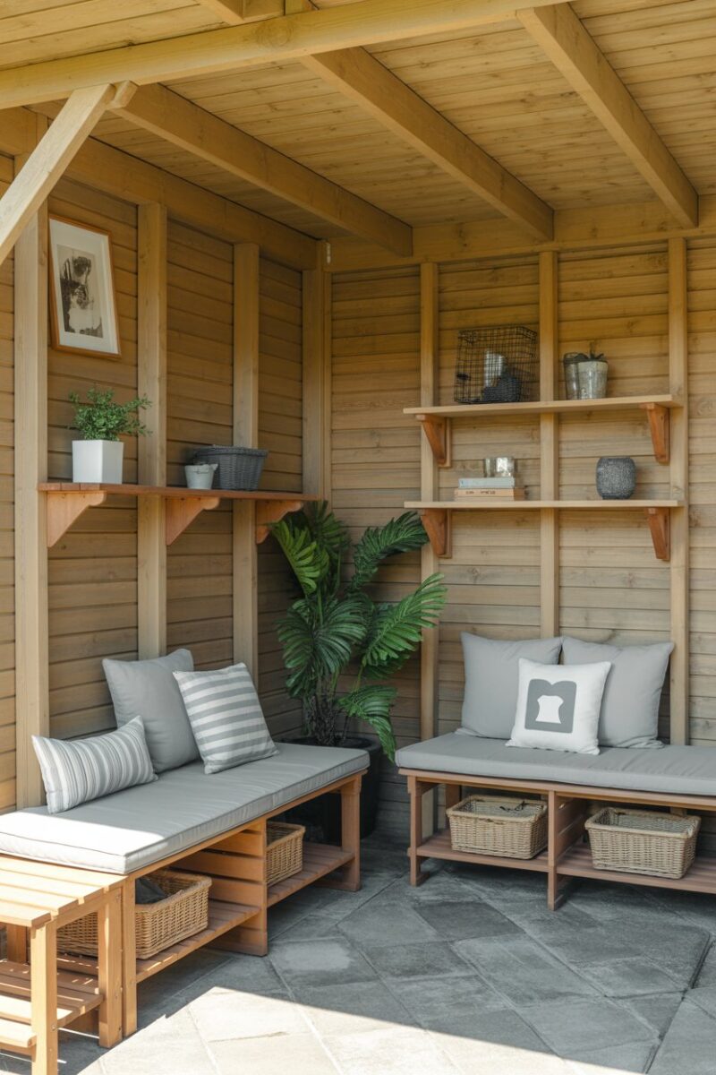 Outdoor storage area with wooden benches, cushions, and shelves.
