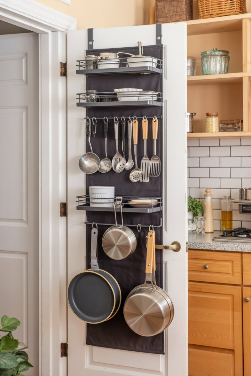 Over-the-door organizer filled with kitchen utensils and pots.