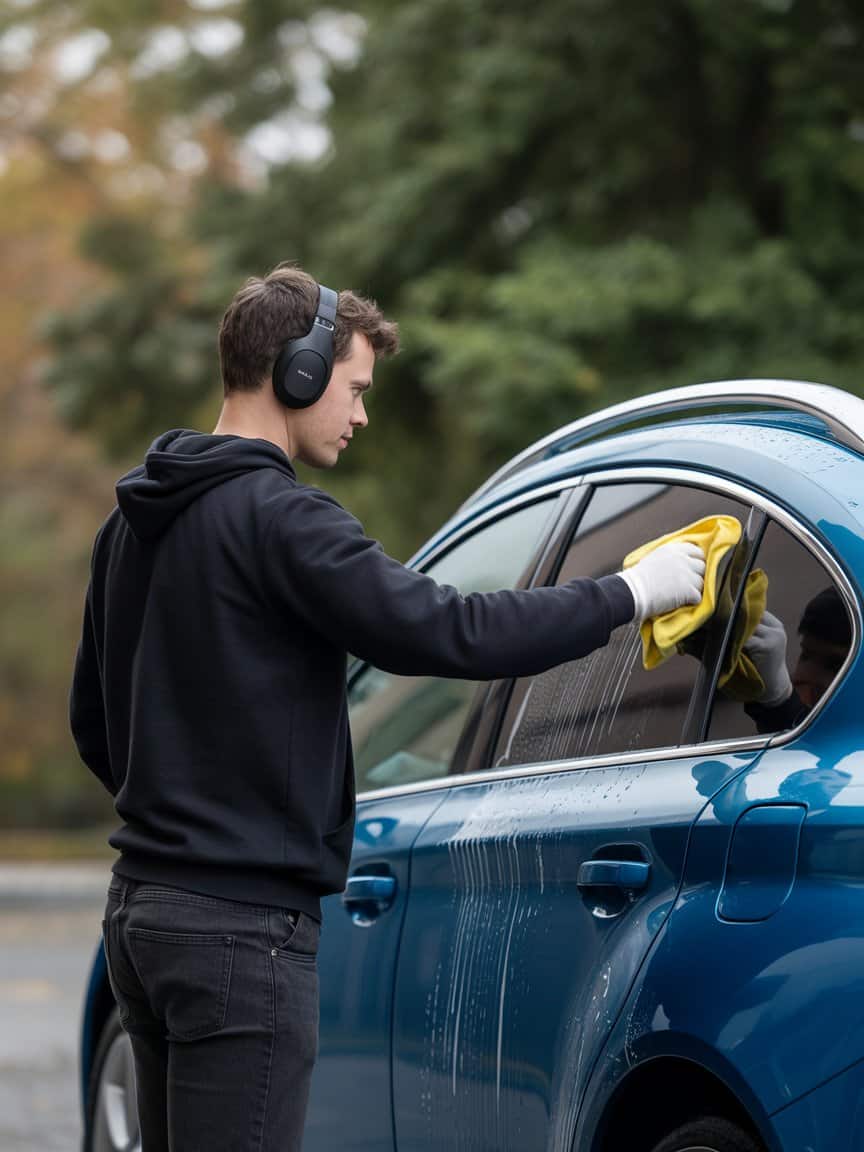 Person cleaning a car while listening to music with headphones on.