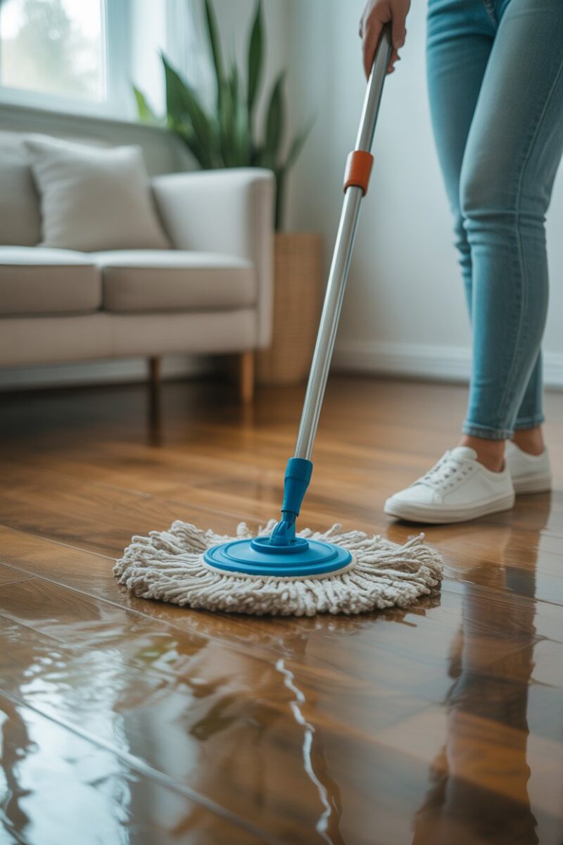 Person cleaning wood floors with a mop and excessive water.