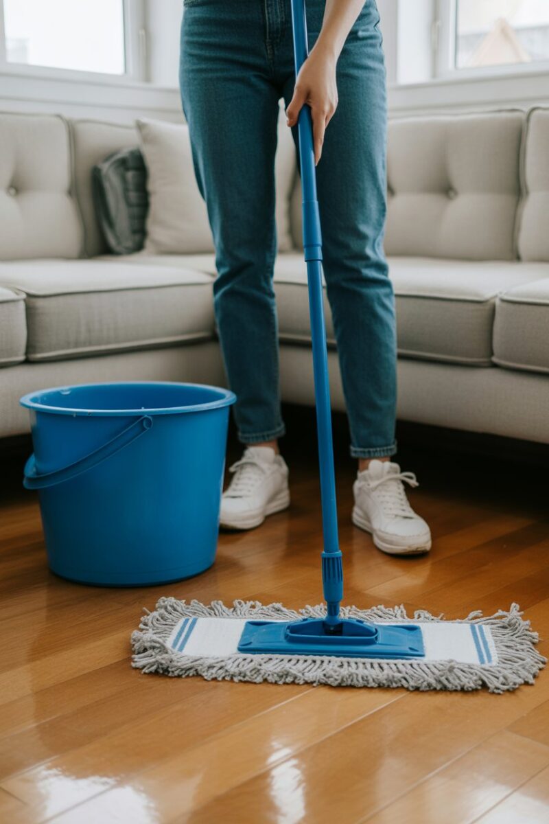 Person mopping hardwood floor with a blue mop and bucket