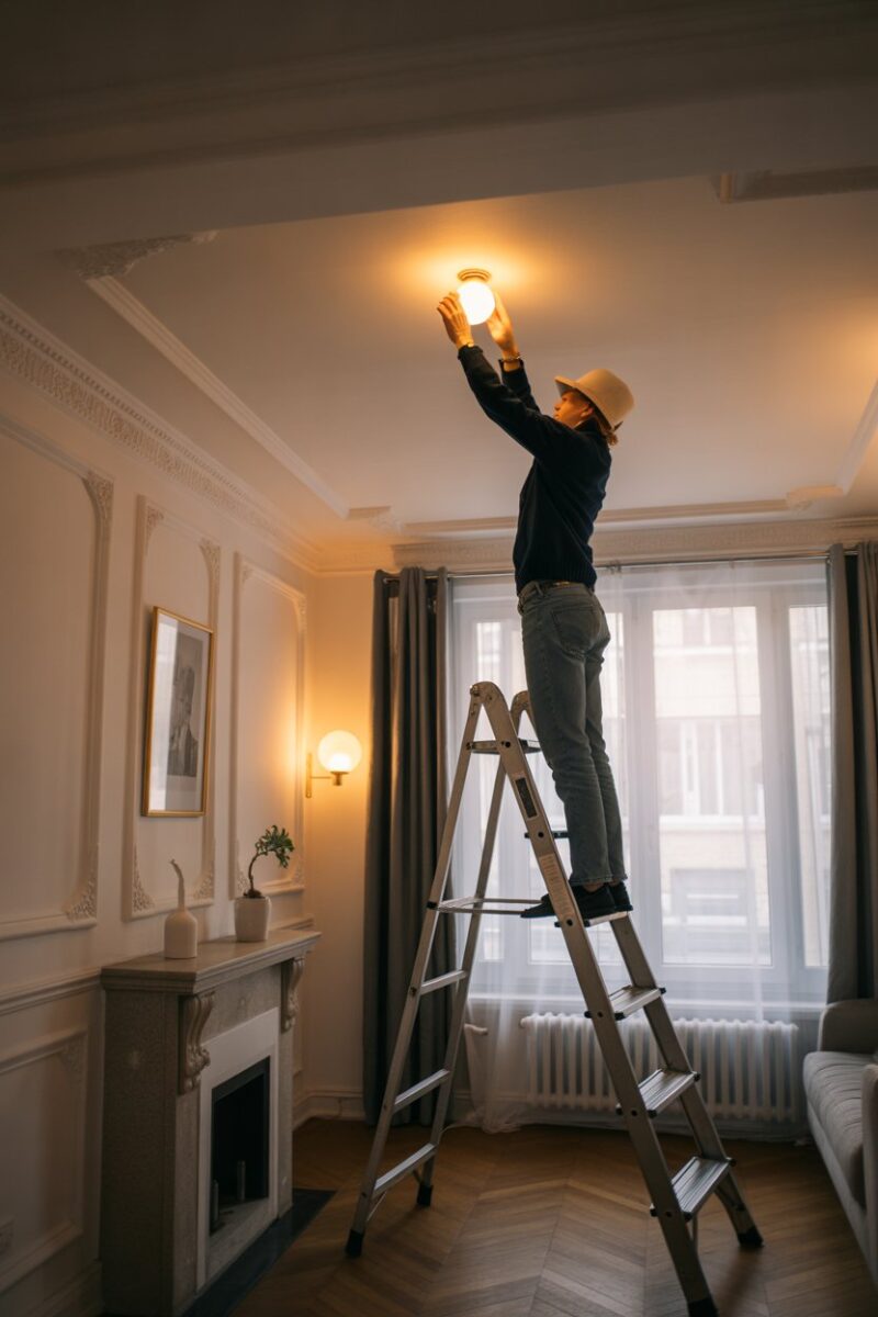 Person replacing a light bulb on a ladder in a stylish interior.