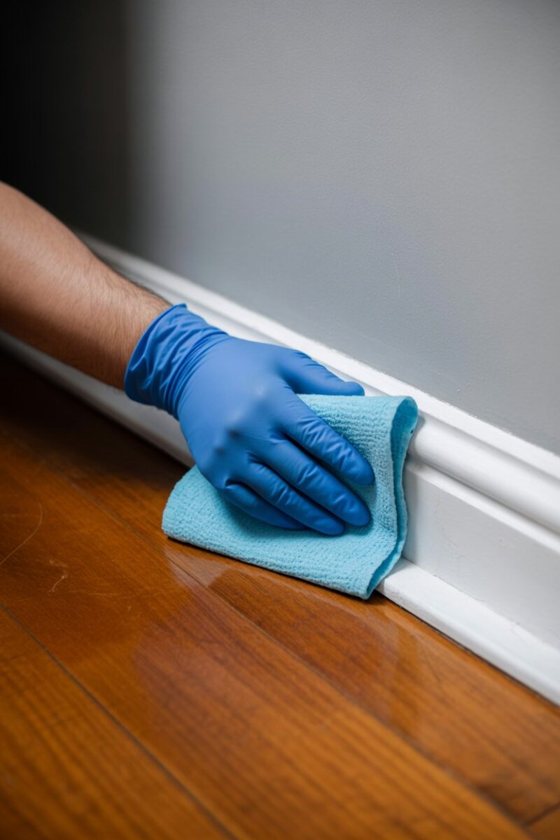 Person wiping down baseboards with blue gloves