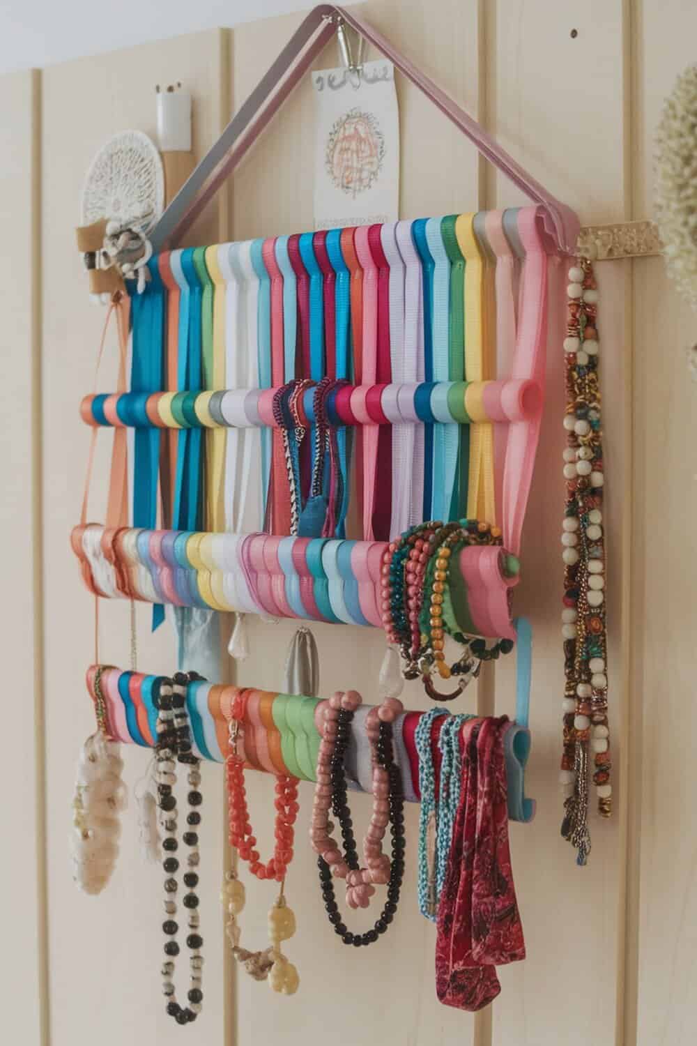Colorful hanging ribbon organizer displaying various jewelry pieces.
