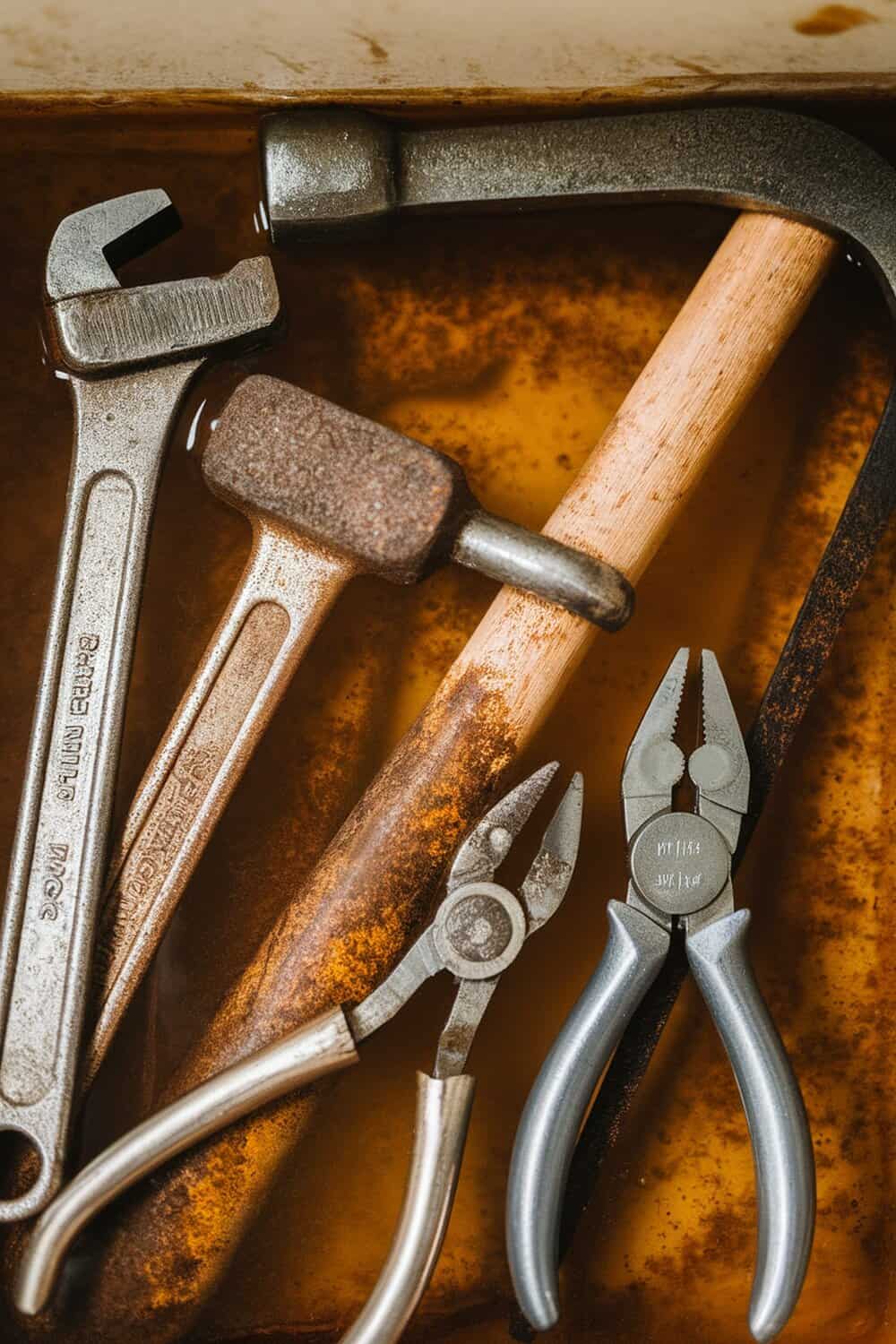 Rusty tools soaking in vinegar for cleaning