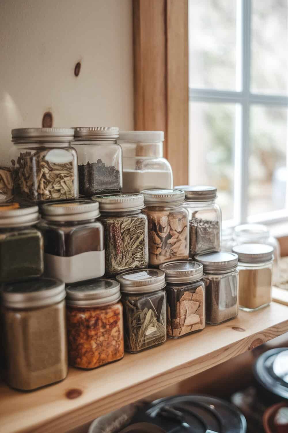 A neatly organized shelf of jars containing various dried herbs and spices.