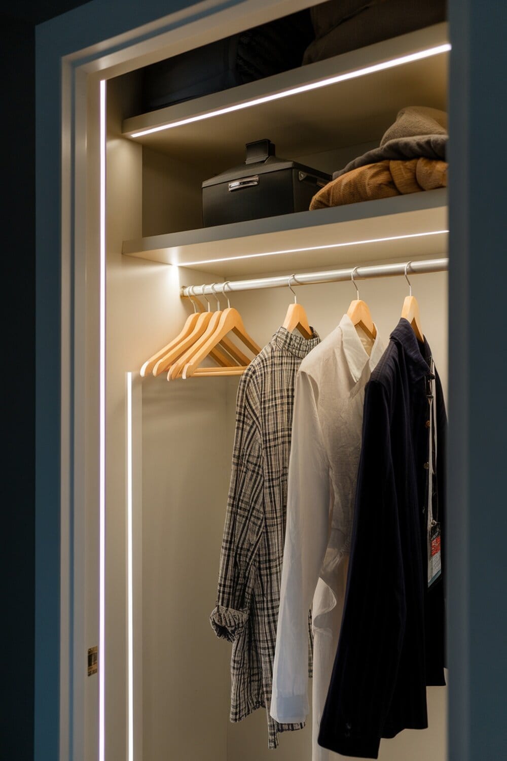 A small closet with LED strip lighting illuminating clothes and shelves.
