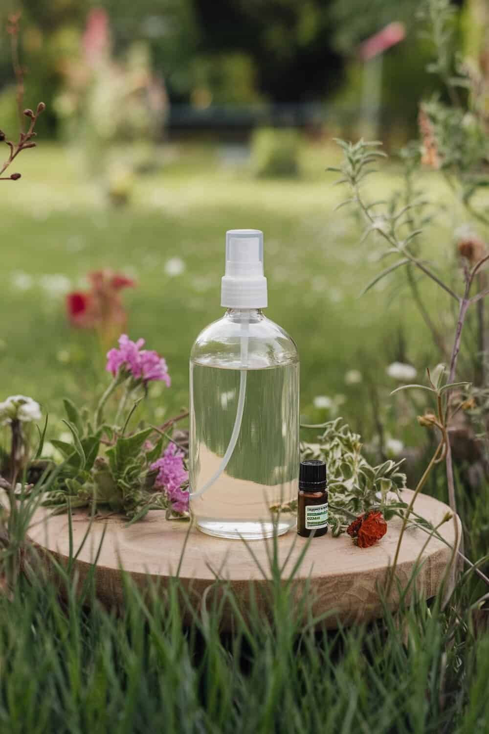 A spray bottle filled with a clear liquid and a small bottle of essential oil, surrounded by greenery and flowers.
