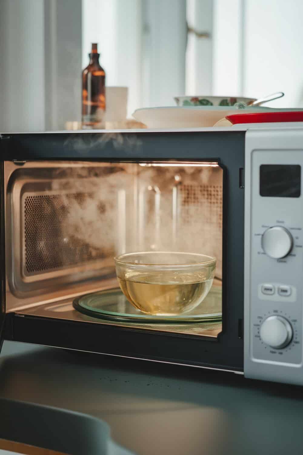 A bowl of water and vinegar steaming in a microwave.