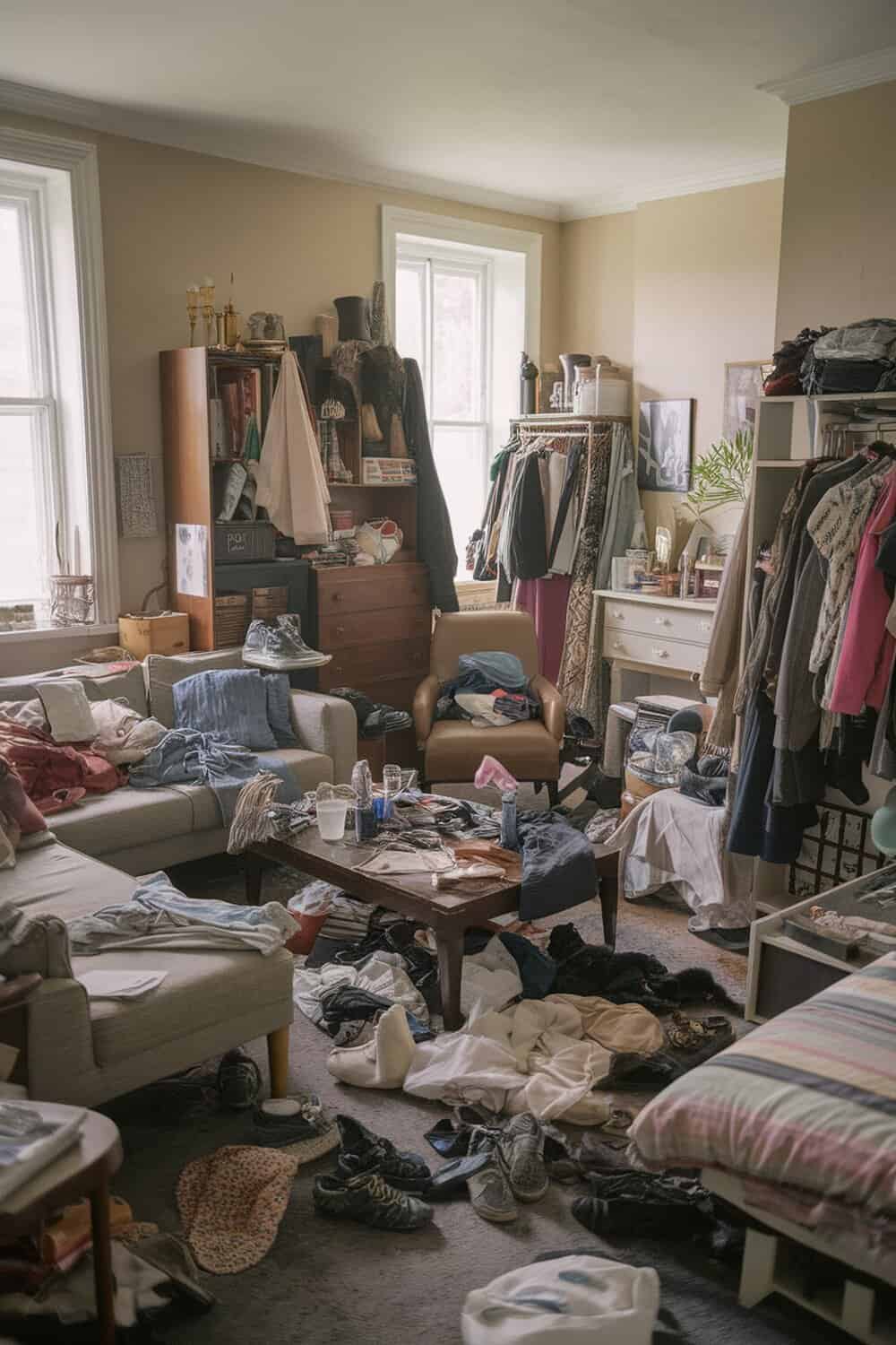 A messy room with clothes and items scattered around, showing the need for organization before cleaning.