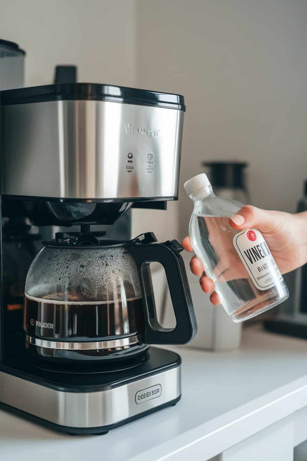 A person pouring vinegar into a coffee maker.