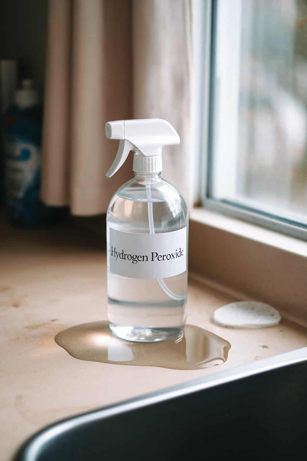 A bottle of hydrogen peroxide on a kitchen counter next to a sink.