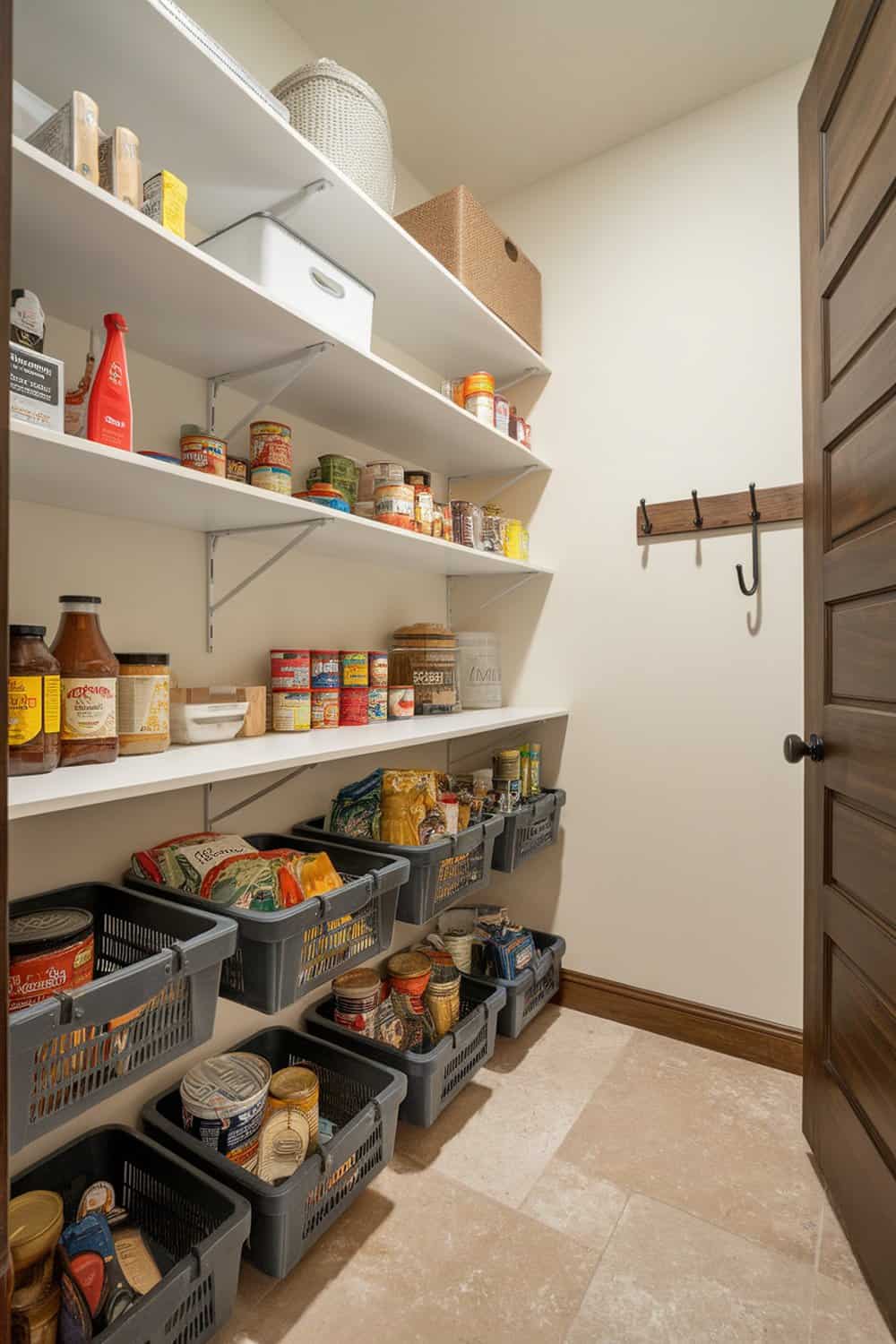 Organized pantry with under-shelf baskets holding various food items.