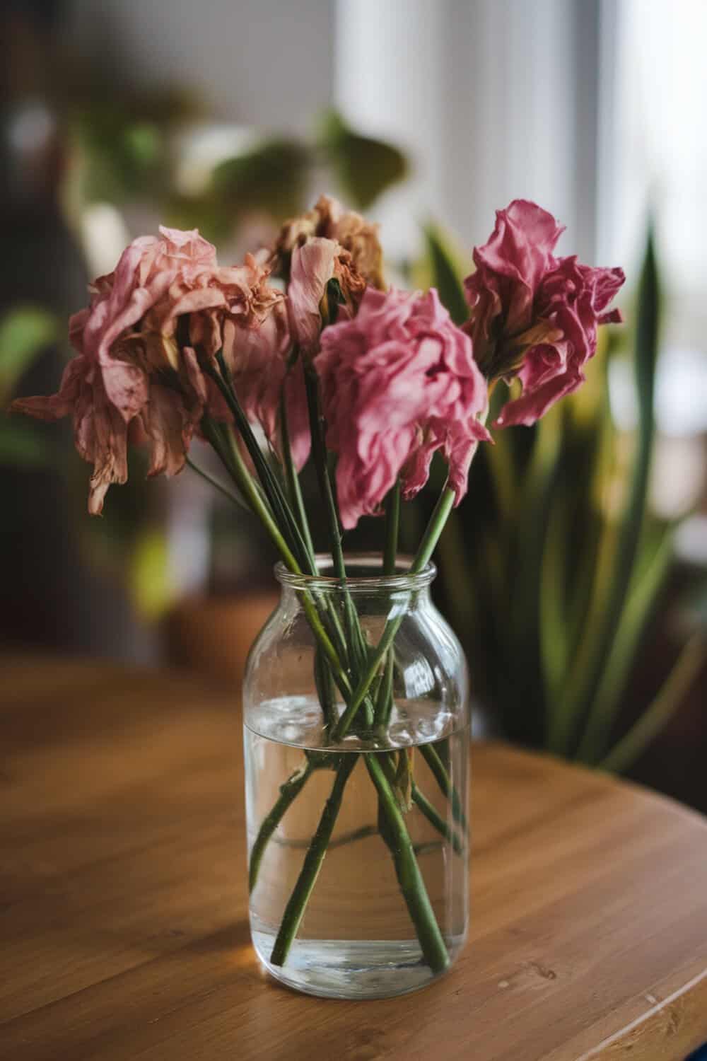 A jar with wilted pink flowers in water on a wooden table.