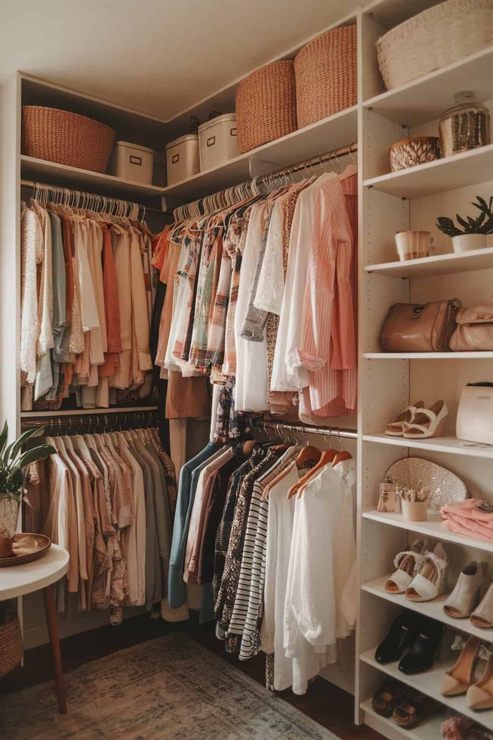 A cozy and organized closet with clothes neatly hung, shelves displaying accessories, and decorative baskets.