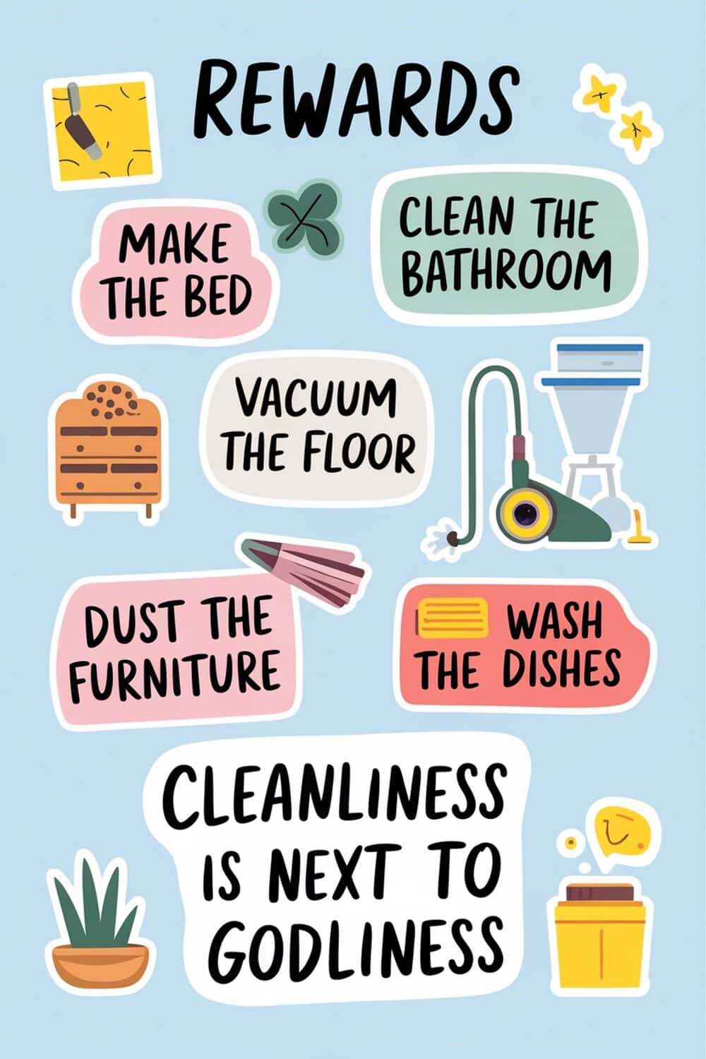 Colorful stickers listing cleaning tasks and a motivational phrase about cleanliness.