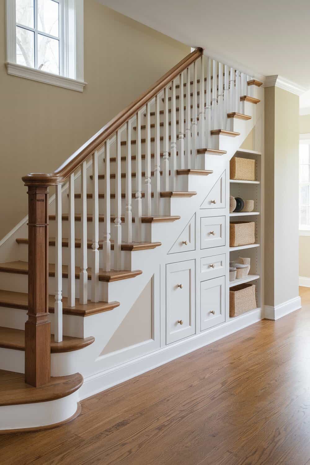 A staircase with built-in storage solutions, including shelves and cabinets.