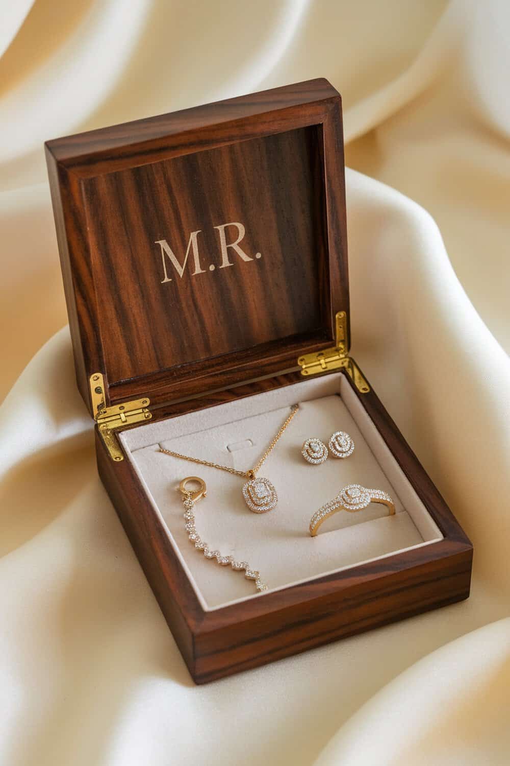 A personalized jewelry box with the initials M.R. and various pieces of jewelry inside.