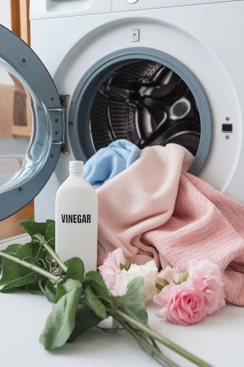 A bottle of vinegar next to colorful towels and flowers, with a washing machine in the background.