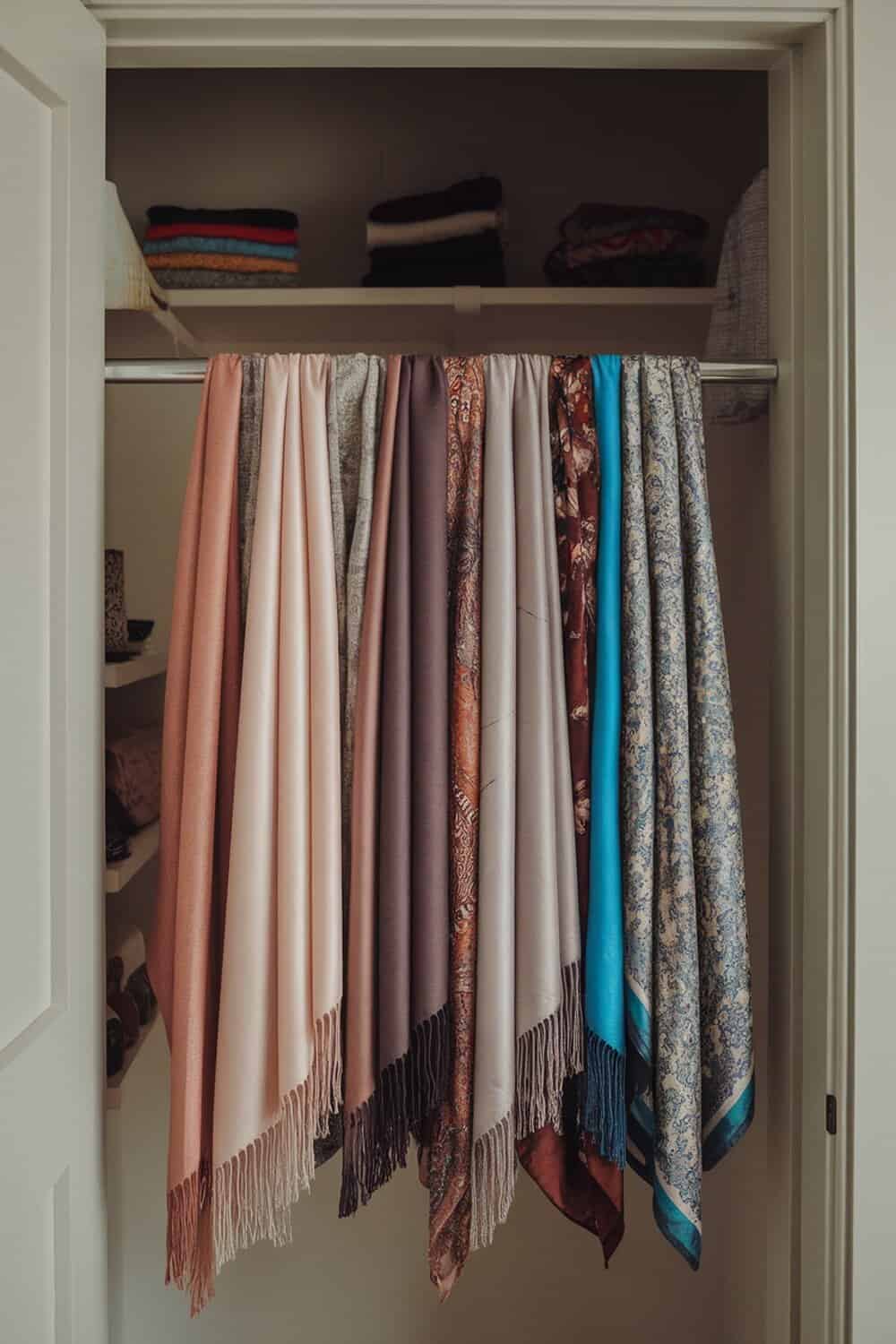 A closet with a tension rod holding various scarves in an organized manner.