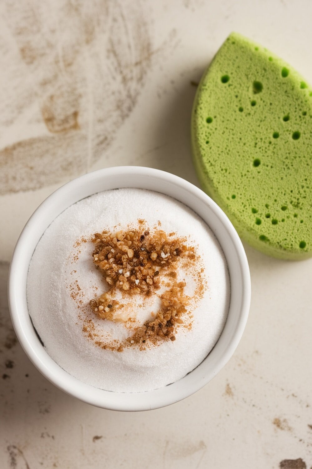 A bowl of baking soda with a sprinkle of brown sugar and a green sponge nearby.