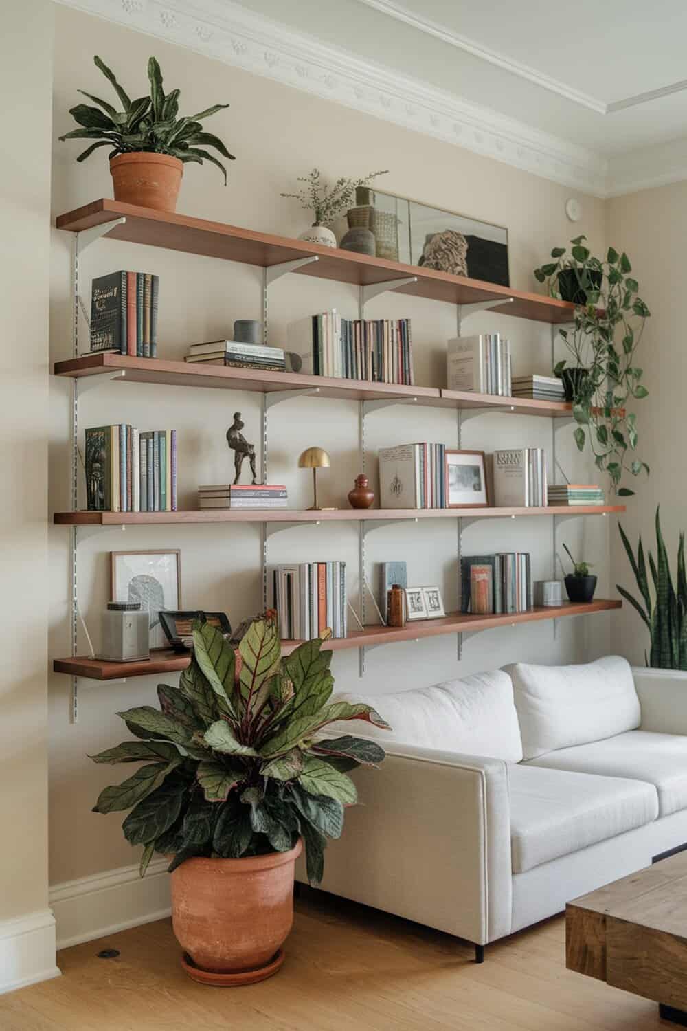 A stylish wall shelf displaying books, plants, and decorative items in a cozy living room.