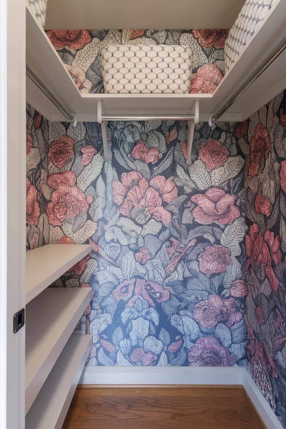 A small closet with floral wallpaper and organized shelves.