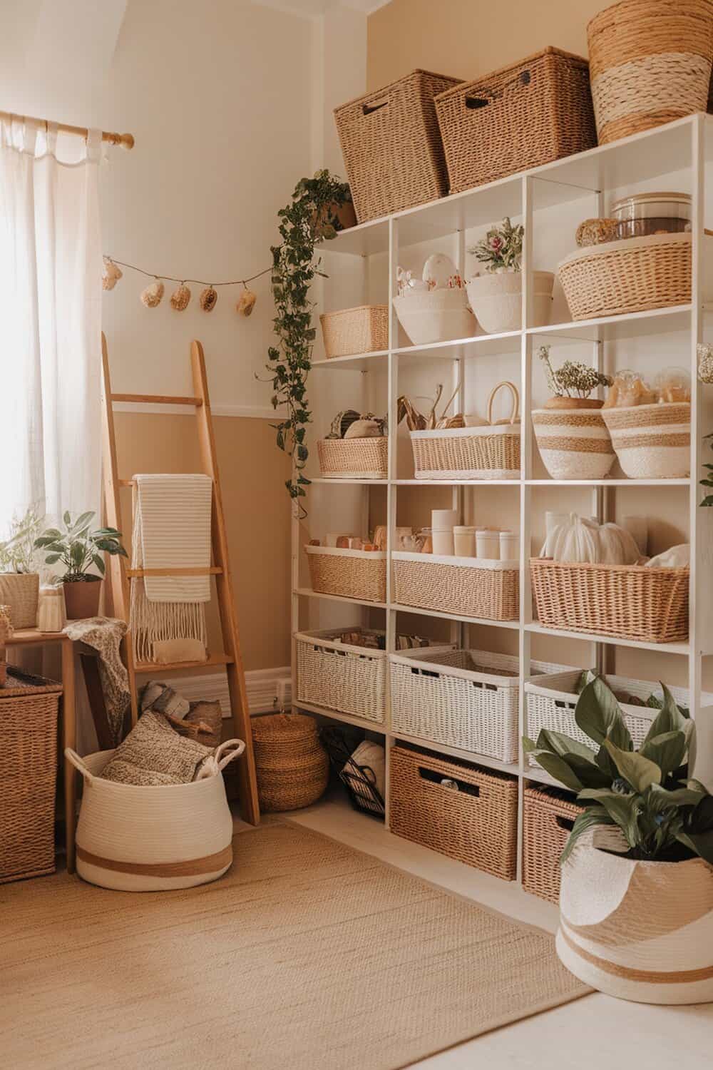 A cozy room with shelves filled with woven baskets and bins for storage.