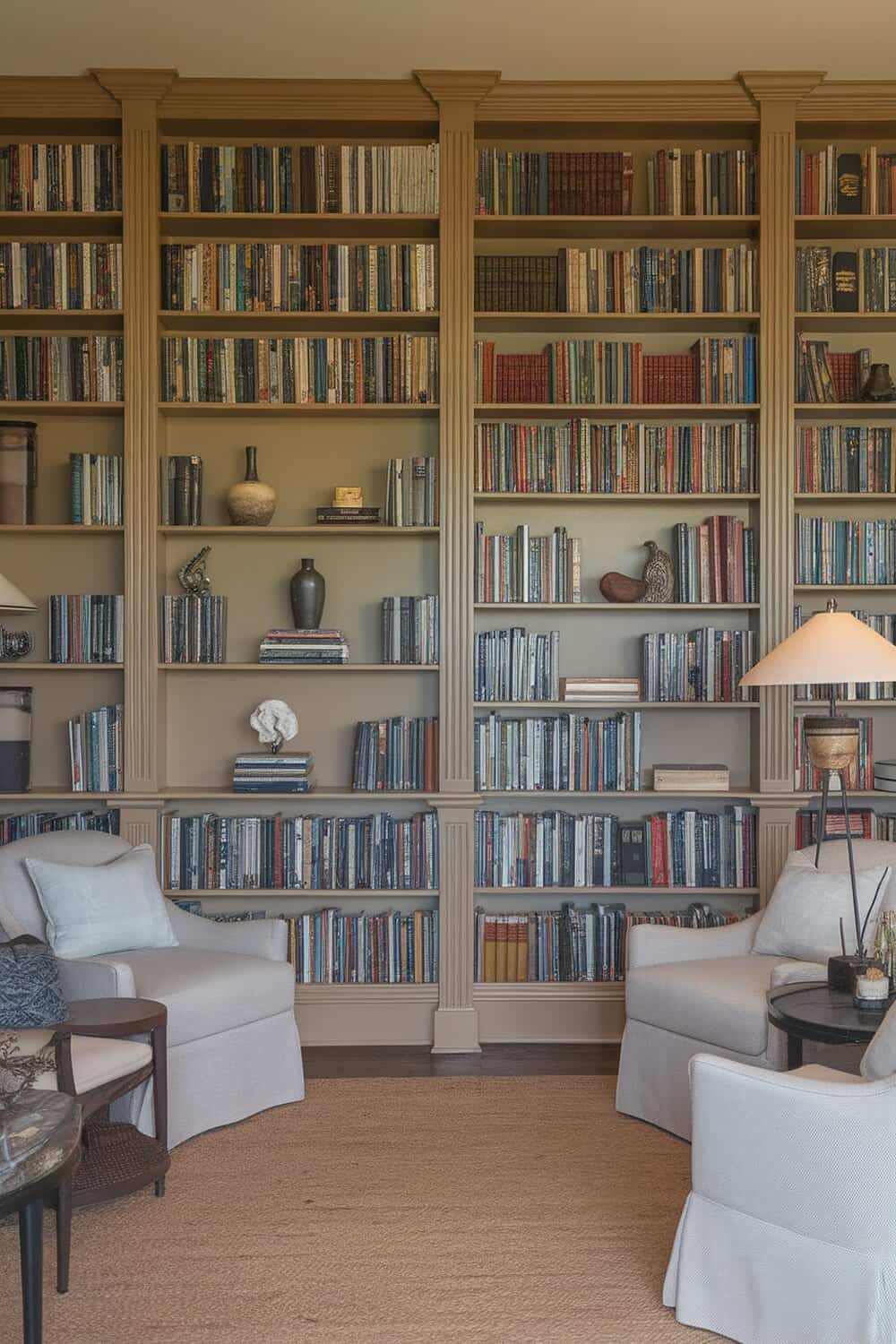 A cozy home library with tall bookshelves filled with books and comfortable seating.