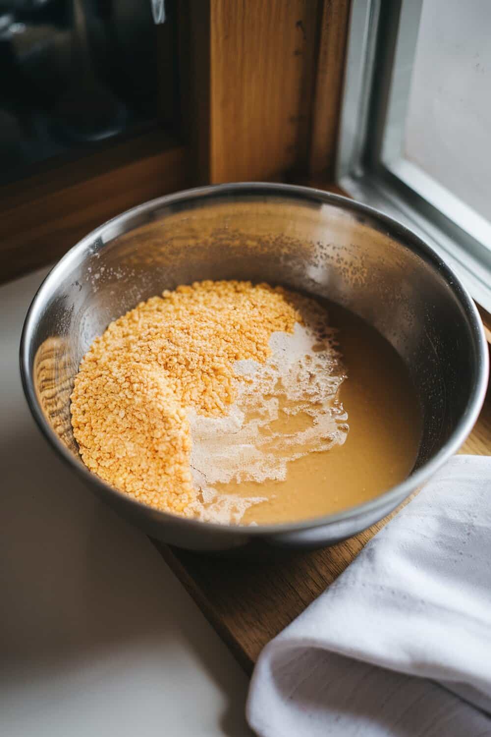 A bowl containing a mixture of cornmeal and water, placed near a window.