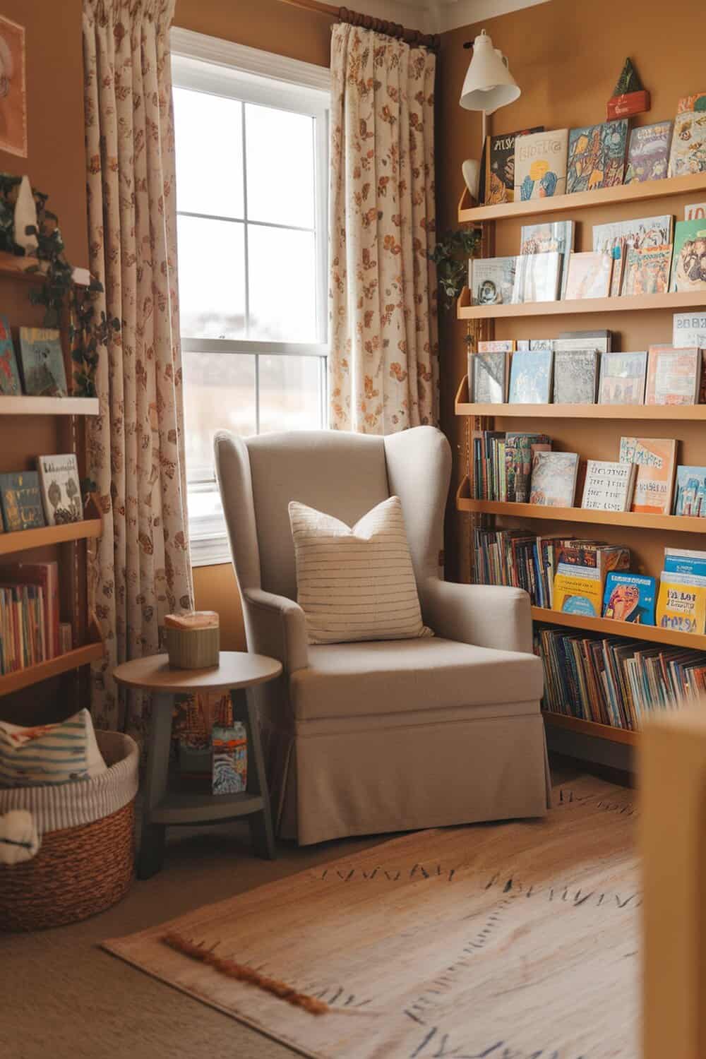 A cozy reading nook with organized books on shelves and a comfortable chair.