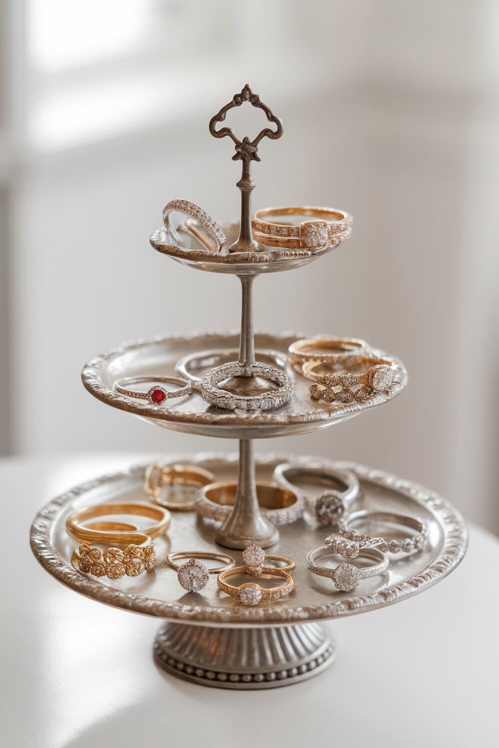 A tiered cake stand displaying various rings and bracelets.