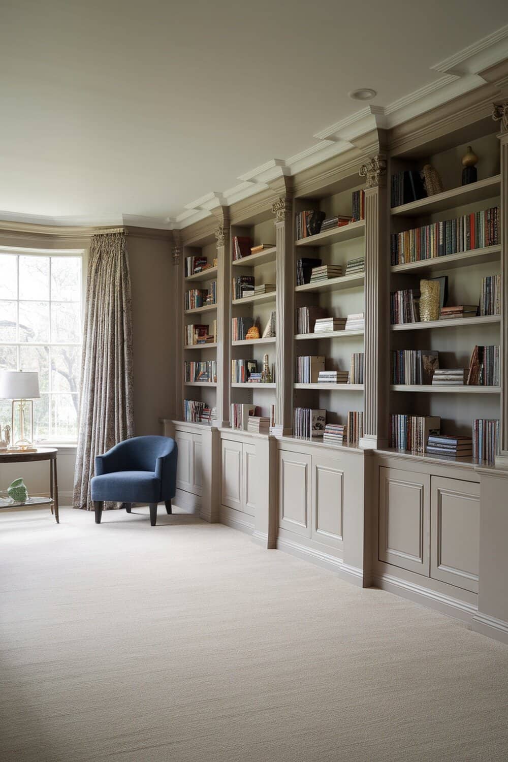 A cozy room featuring built-in shelving filled with books and decorative items.