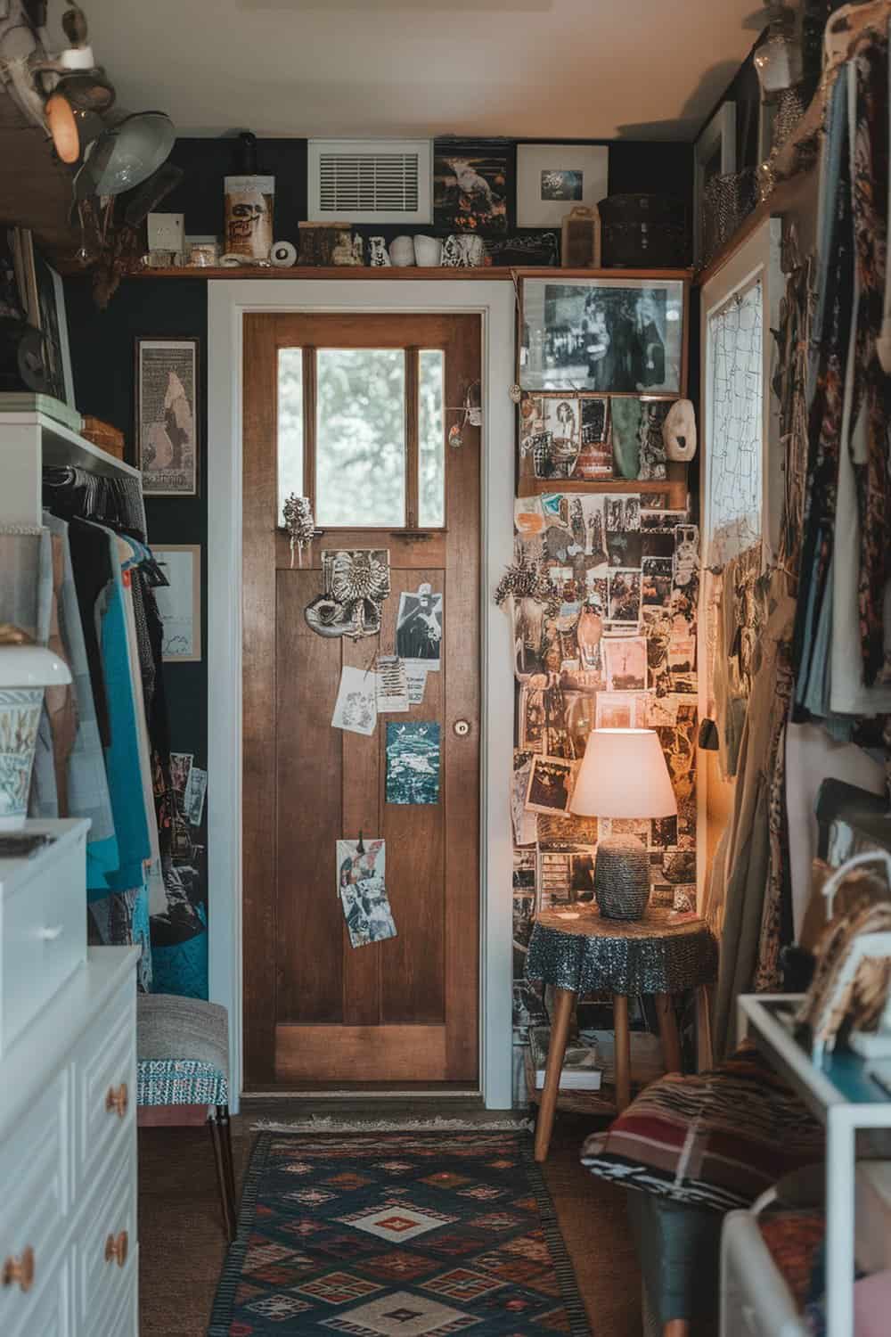 A cozy small closet with personalized decor, featuring photos and art on the walls.