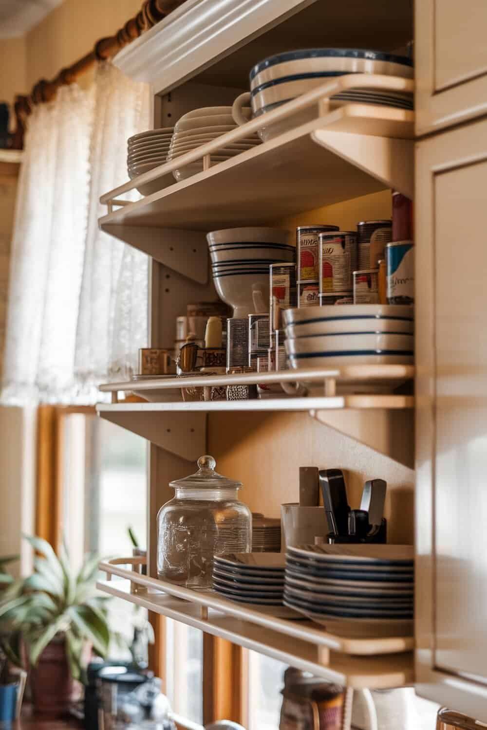 Organized kitchen cabinet with shelf risers displaying plates and spices.