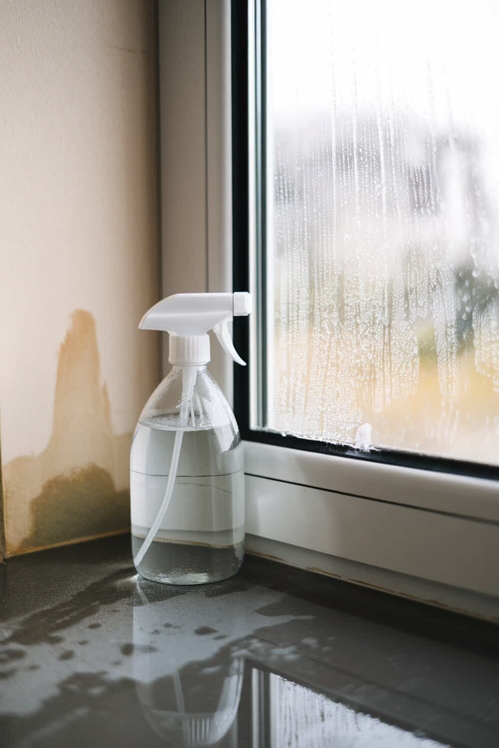 A spray bottle filled with a clear liquid sits on a windowsill next to a foggy window.