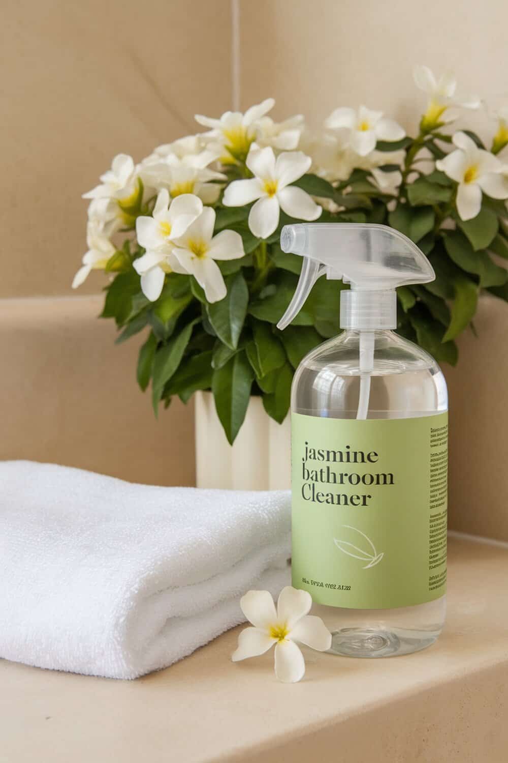 A bottle of jasmine bathroom cleaner next to a white towel and a bouquet of flowers.