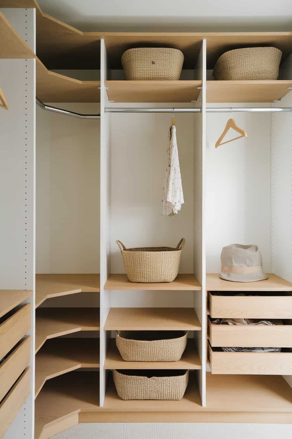 A well-organized small closet with baskets and a hanging rod.