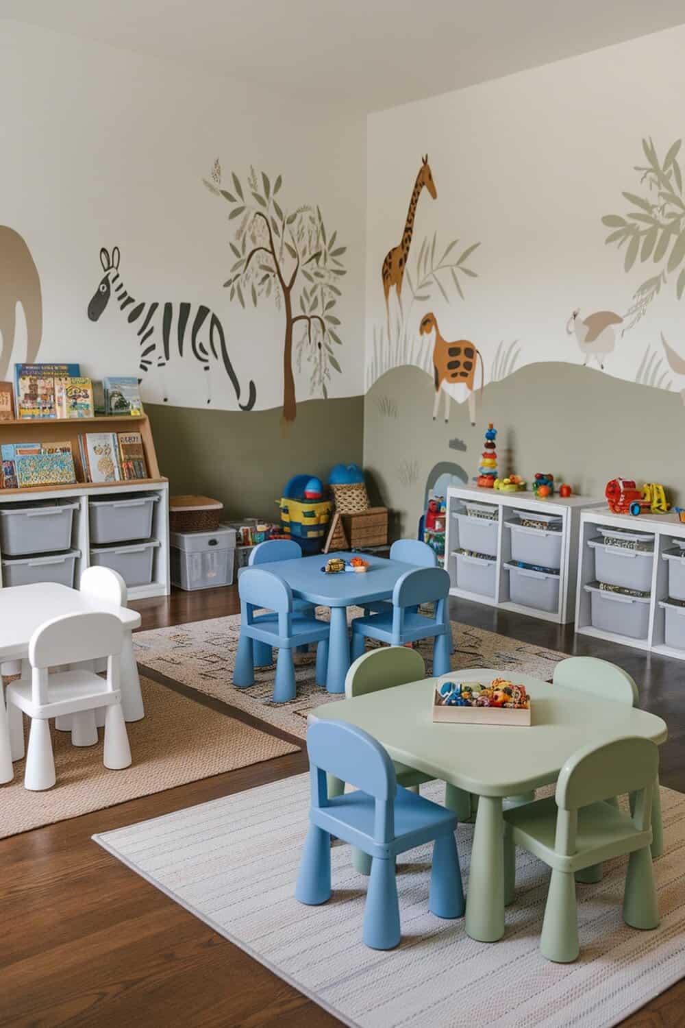 A colorful playroom with different zones for activities, featuring tables and storage bins.
